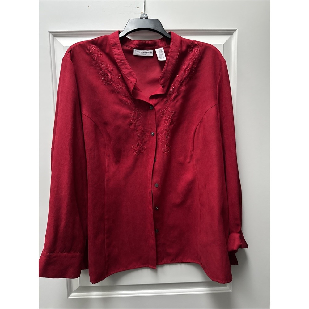 SAG HARBOR Shirt Woman's Plus Size 3X Embroidered MicroSuede‎ Button Front